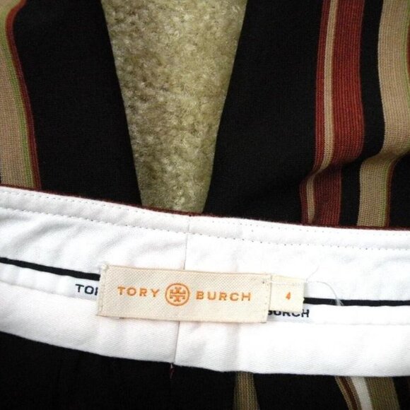 TORY BURCH Pants Women 4 Brown Stripe Phoebe Stretch Gold Buttons Cropped NWOT - Picture 7 of 7
